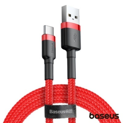Cabo USB-A para USB-C vermelho e preto com etiqueta Baseus