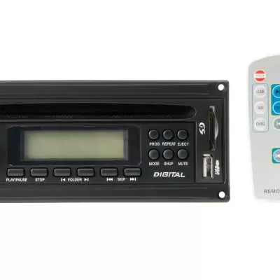 Rádio digital preto com comando remoto branco e botões azuis.