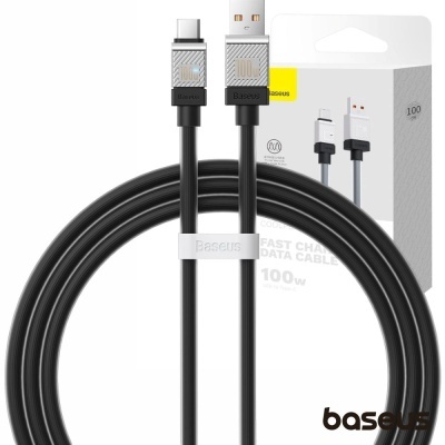 Cabo Baseus preto com conetores USB-C e USB-A e embalagem com fundo branco e cinza
