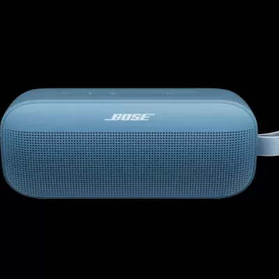 Coluna portátil azul BOSE com superfície perfurada e pega lateral