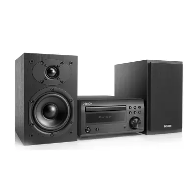 Sistema de áudio DENON preto com colunas e leitor central com ecrã digital