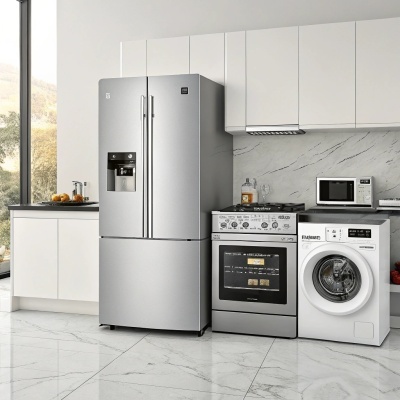 Cozinha moderna com frigorífico inox, fogão, máquina de lavar e micro-ondas junto a armários brancos