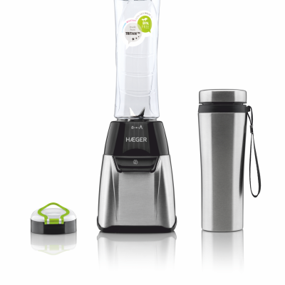Conjunto de liquidificador portátil HÆGER com garrafa transparente, recipiente com tampa e garrafa térmica metálica