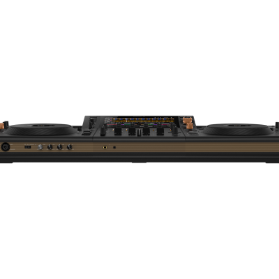 Controlador DJ preto com botões em cobre e duas mesas giratórias