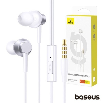 Auriculares com fio Baseus brancos com acabamento prateado e caixa amarela e branca