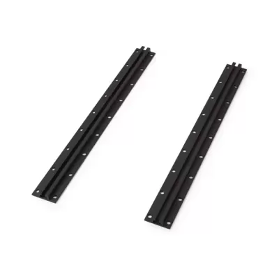 Duas guias deslizantes pretas de metal com furos para parafusos