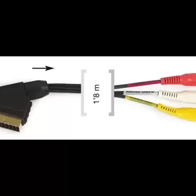 Cabo Scart preto com 3 conectores RCA coloridos vermelho, branco e amarelo.