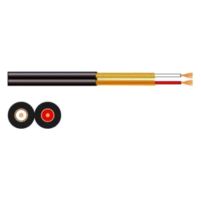 Cabo elétrico preto com dois condutores internos isolados em vermelho e branco com fios de cobre expostos