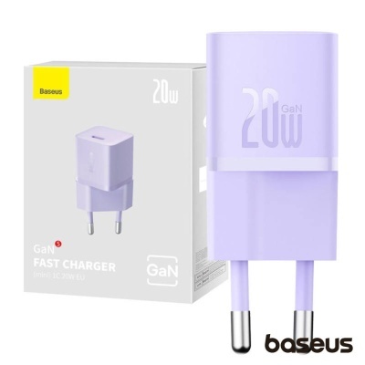 Carregador lilás Baseus GaN Fast Charger 20W com embalagem branca ao lado