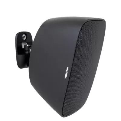 Coluna de som preta com suporte de parede e marca PMRSTAR