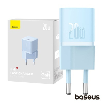 Carregador rápido Baseus GaN azul claro de 20W com embalagem