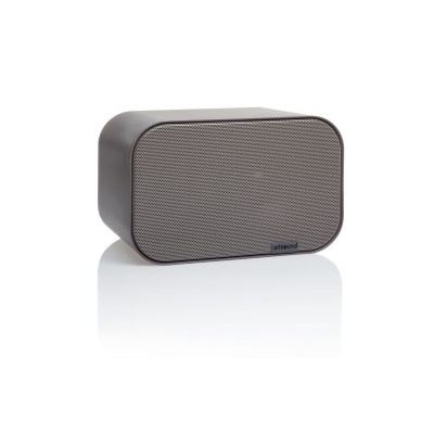 Coluna portátil cinza com grelha texturada e logótipo brigand.