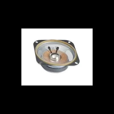 Coluna redonda pequena para áudio com cone castanho alaranjado e estrutura metálica prateada