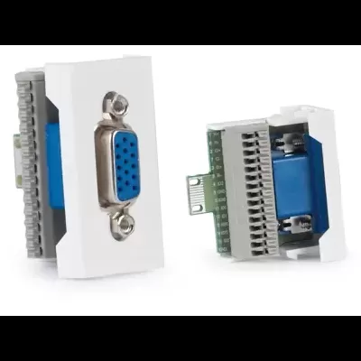 Duas tomadas modulares brancas com conector VGA azul em fundo branco