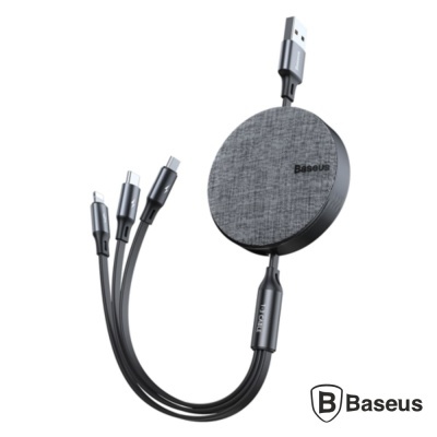 Cabo USB com múltiplos conectores, invólucro circular tecido cinzento com texto Baseus