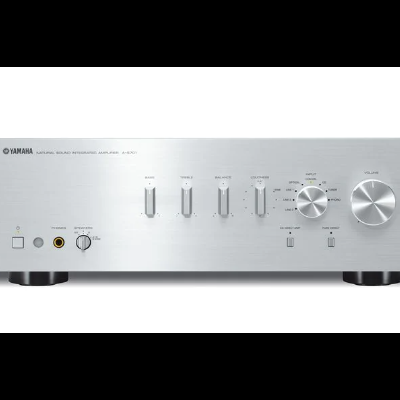 Amplificador de áudio prateado Yamaha com botões de controle e entrada para auscultadores