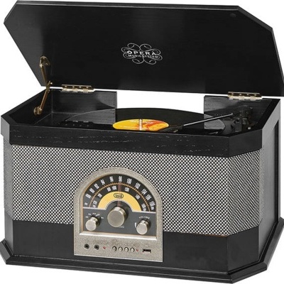 Toca-discos vintage preto com vinil e tampa aberta