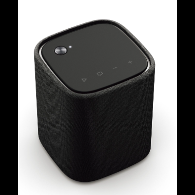 Coluna de som preta compacta com tecido e botões touch