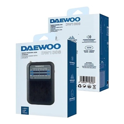 Embalagem de rádio portátil preto Daewoo DW1008 com texto e códigos de barras