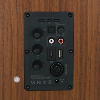 Painel traseiro de coluna de madeira com controlos e conectores pretos