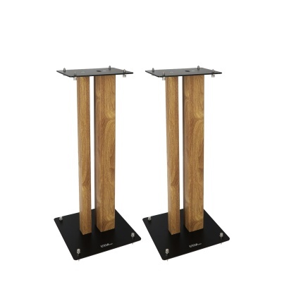 Par de suportes para colunas com base preta e estrutura em madeira clara