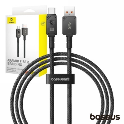 Cabo Baseus preto com conetores USB e embalagem branca e amarela