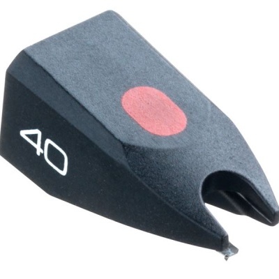 Cabeça de agulha para gira-discos preta com marcações vermelhas e brancas