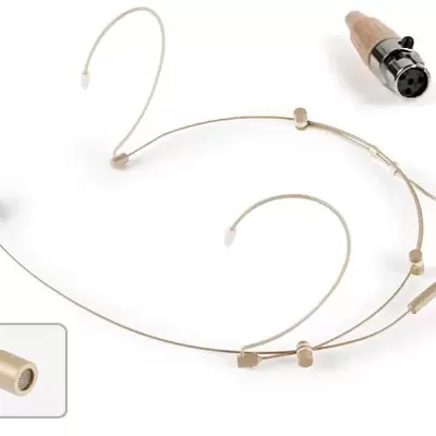 Microfone headset bege com cabo e conector de 4 pinos