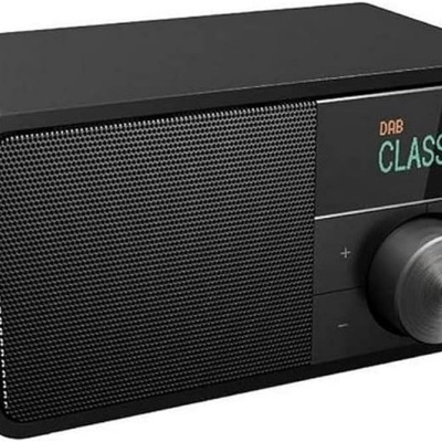 Rádio digital preto com visor LED e botão rotativo metálico