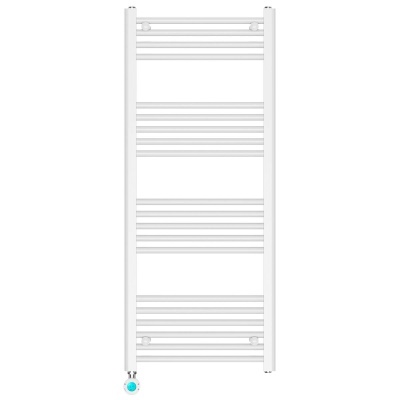 Radiador toalheiro branco vertical com barras horizontais em metal