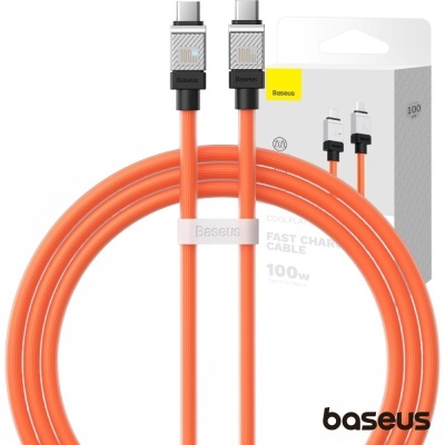 Cabo de carregamento USB-C Baseus laranja e embalagem