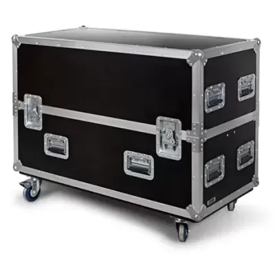 Caixa de transporte preta com estrutura em metal e rodas azuis