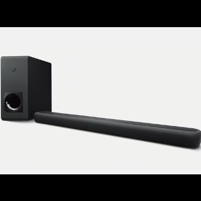 Barra de som preta com subwoofer preto ao lado, sobre fundo branco