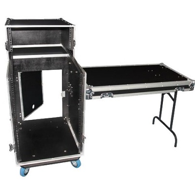 Mala preta de transporte com prateleira dobrável e rodízios azuis