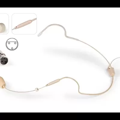 Microfone headset bege com cabo fino e conector circular em fundo branco