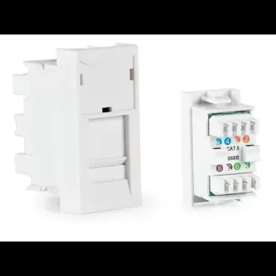 Módulo de ligação CAT 6 em plástico branco com conectores coloridos.
