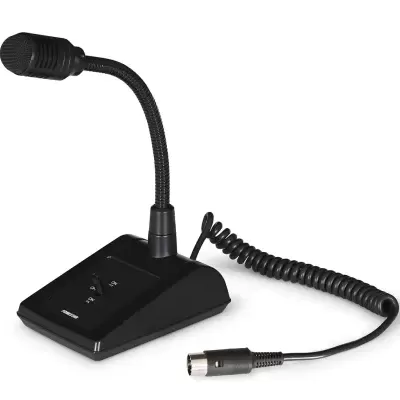 Microfone de secretária preto com base e cabo espiral