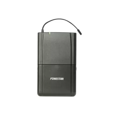 Microfone sem fios preto FONESTAR com cabo sobre fundo branco