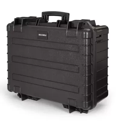 Mala dura preta Vanguard com travas e pega em fundo branco