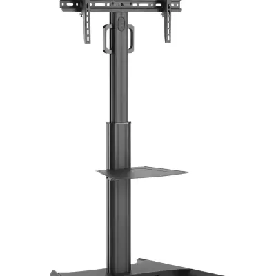 Suporte móvel para TV preto com rodas e prateleira ajustável