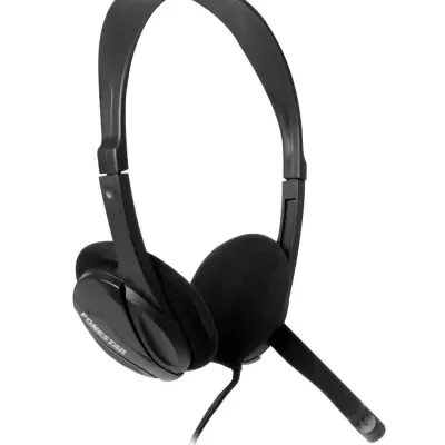 Headset preto com microfone e cabo com a palavra GOLDSTAR