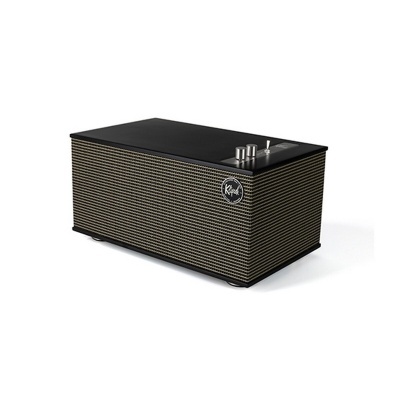 Coluna de som retangular vintage com tecido riscado e botões metálicos