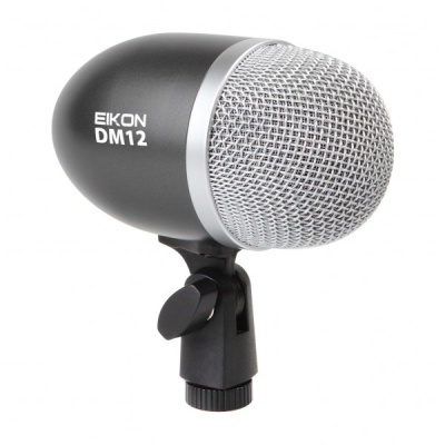 Microfone EIKON DM12 preto com grelha prateada e suporte preto