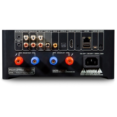 Painel traseiro de amplificador de áudio preto com várias portas e conexões, incluindo RCA, HDMI, LAN e terminais para colunas.