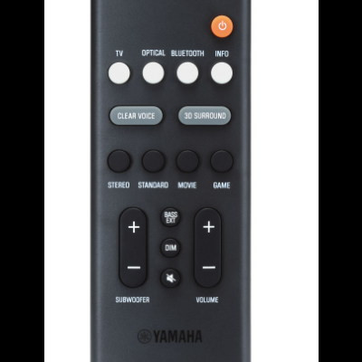 Comando remoto Yamaha preto com vários botões brancos e pretos.