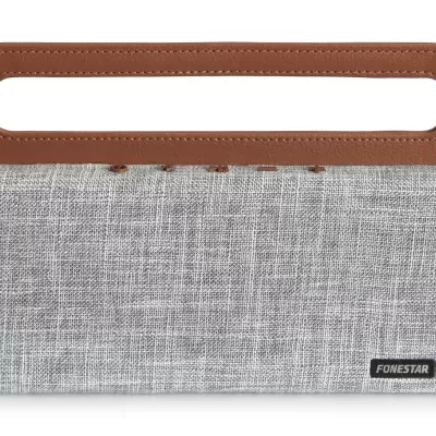 caixa de som portátil cinzento claro com pega castanha