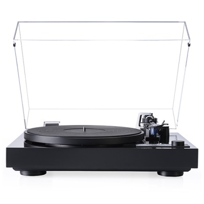 Gira-discos preto com tampa transparente aberta