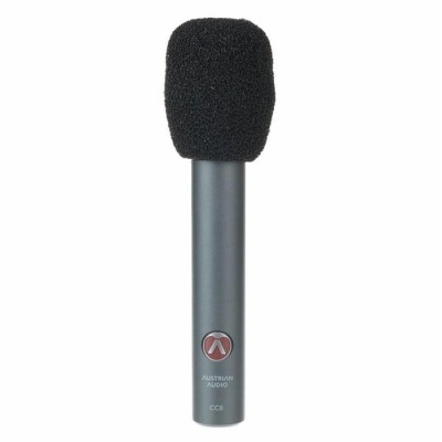 Microfone de mão cinzento com proteção de espuma preta e logótipo vermelho e branco