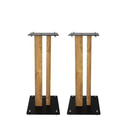 Par de suportes para colunas com base preta e pernas de madeira clara