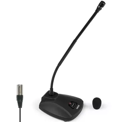 Microfone de mesa preto com haste flexível e espuma preta destacada